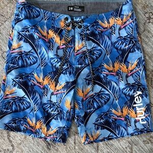 Hurley Size 28 Men's Blue and Orange Leaf Print Board Shorts